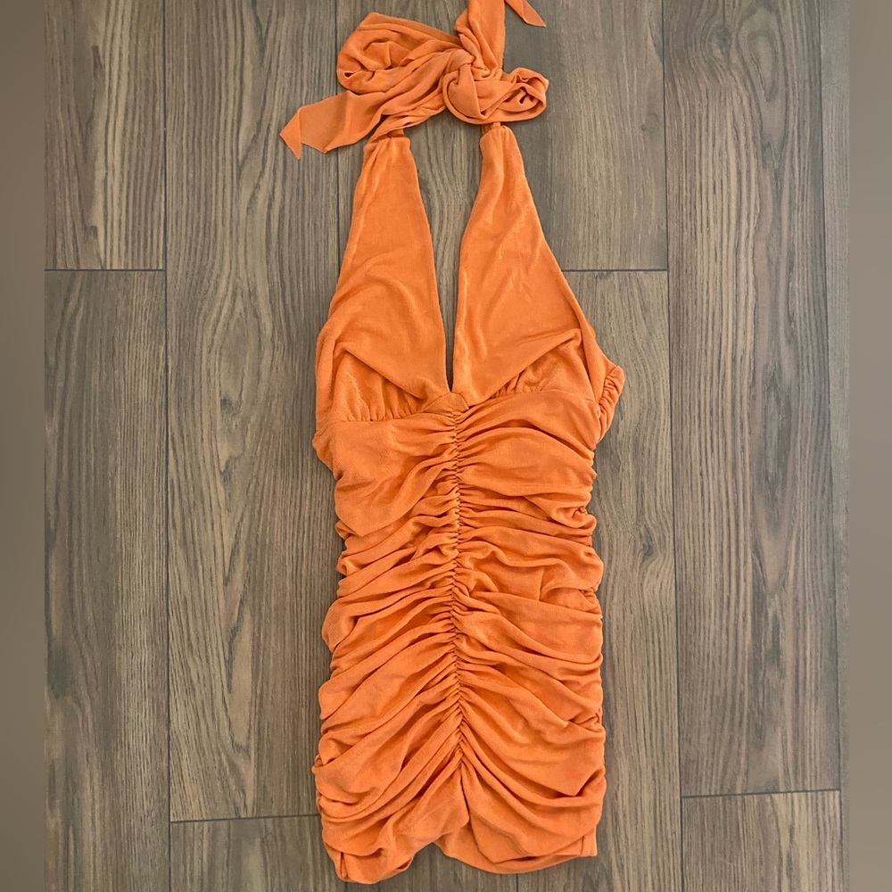 Finders Keepers NWT Sparkle Mini Dress Orange Bodyconā Halter Ruched Sz L